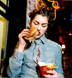 Fashion editorial for 20 Ans magazine featuring burger and fries styling