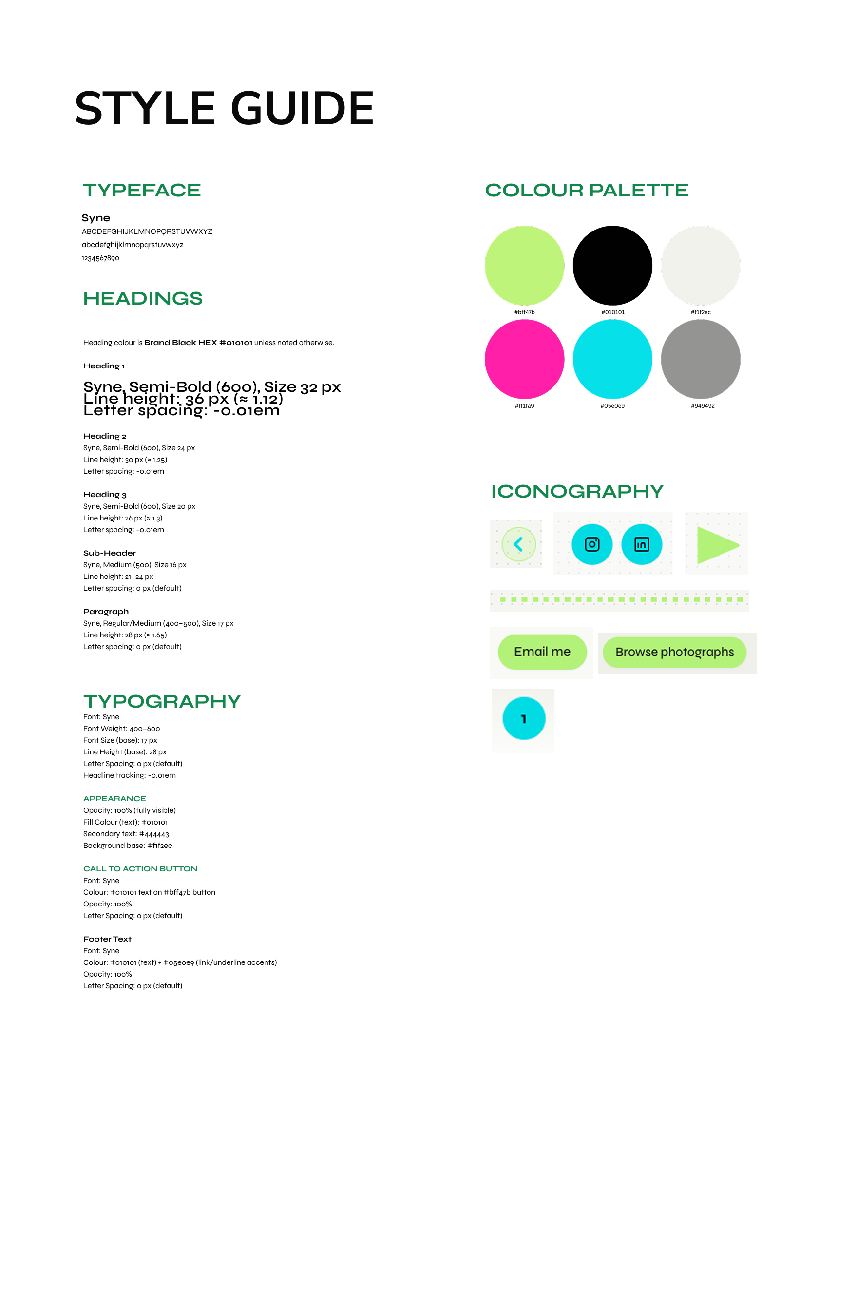 Figma style guide board showing typography, colour palette, iconography, and button styles.
