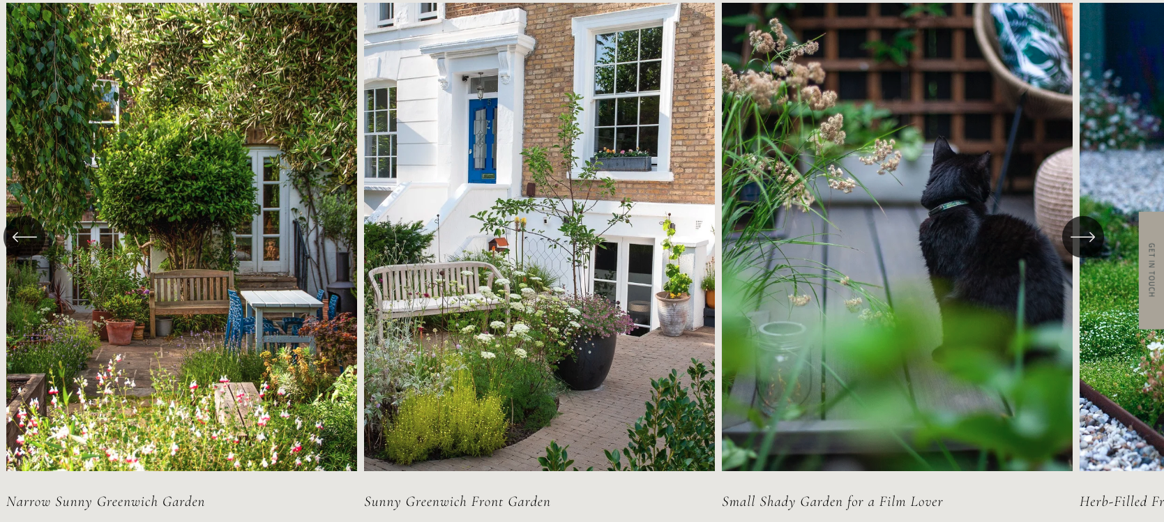 Screenshot of Catriona Rowbotham’s garden design website gallery showing multiple garden projects arranged in a horizontal image layout, sequenced and organised by Lian Li.