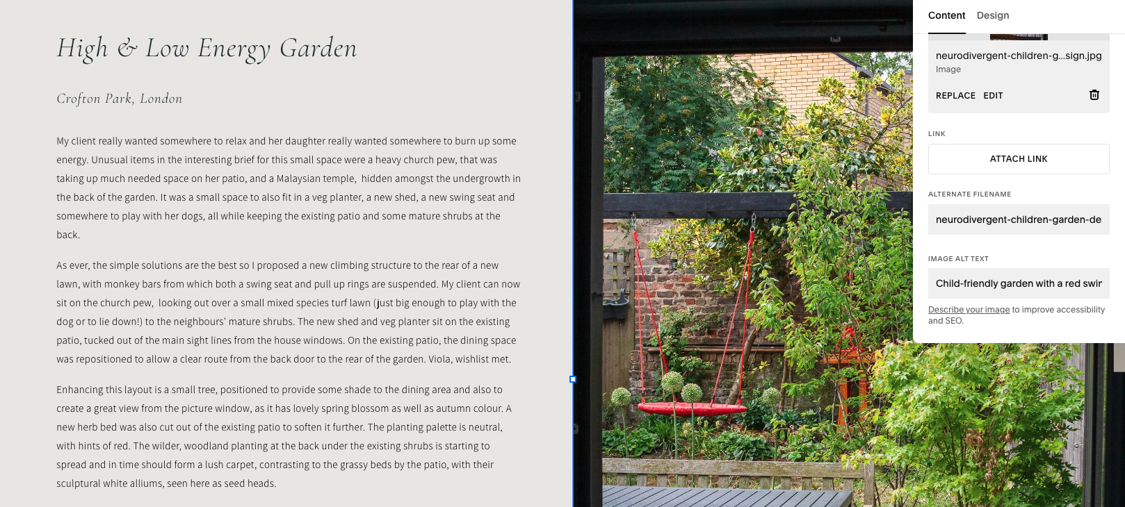 Screenshot showing descriptive alt text implementation for garden photography on Catriona Rowbotham’s website as part of image SEO and file preparation by Lian Li.