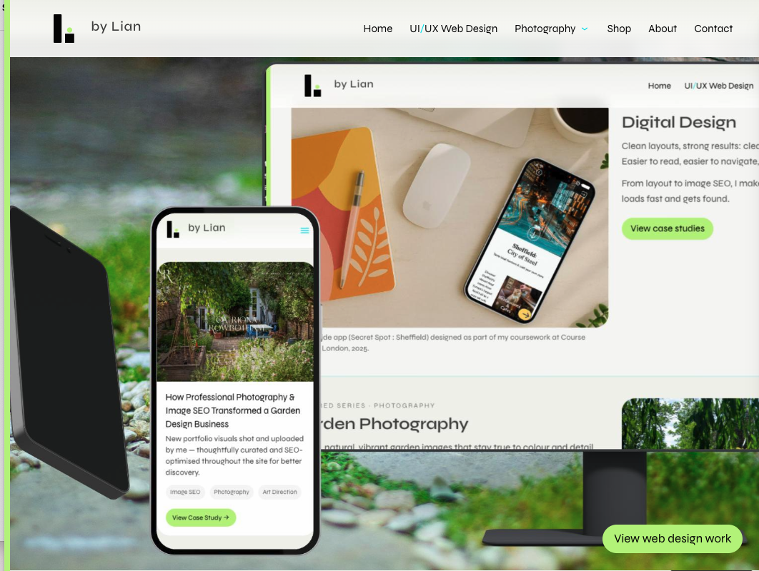 Preview of the L by Lian website showing desktop and mobile layouts