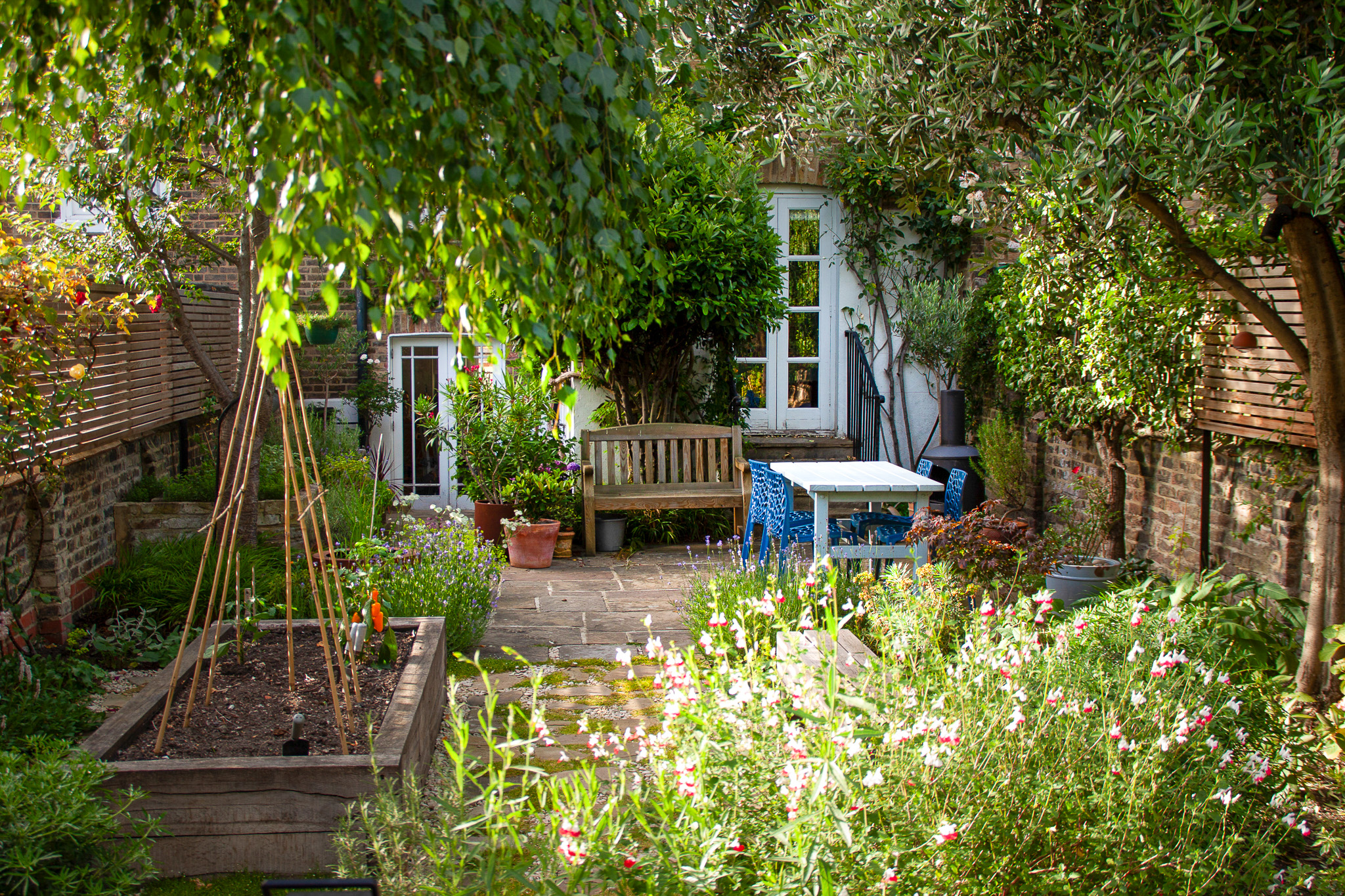Urban courtyard garden with layered perennials, pollinator-friendly planting and warm stone paving — professional photo by Lian Li.